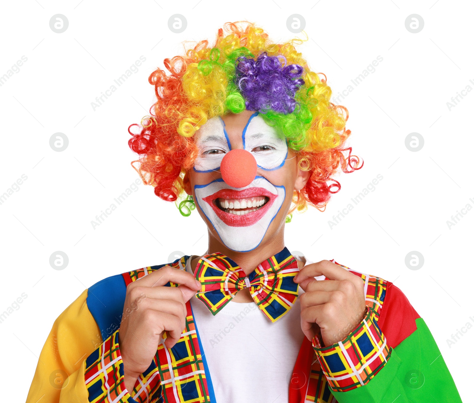 Photo of Portrait of happy clown on white background