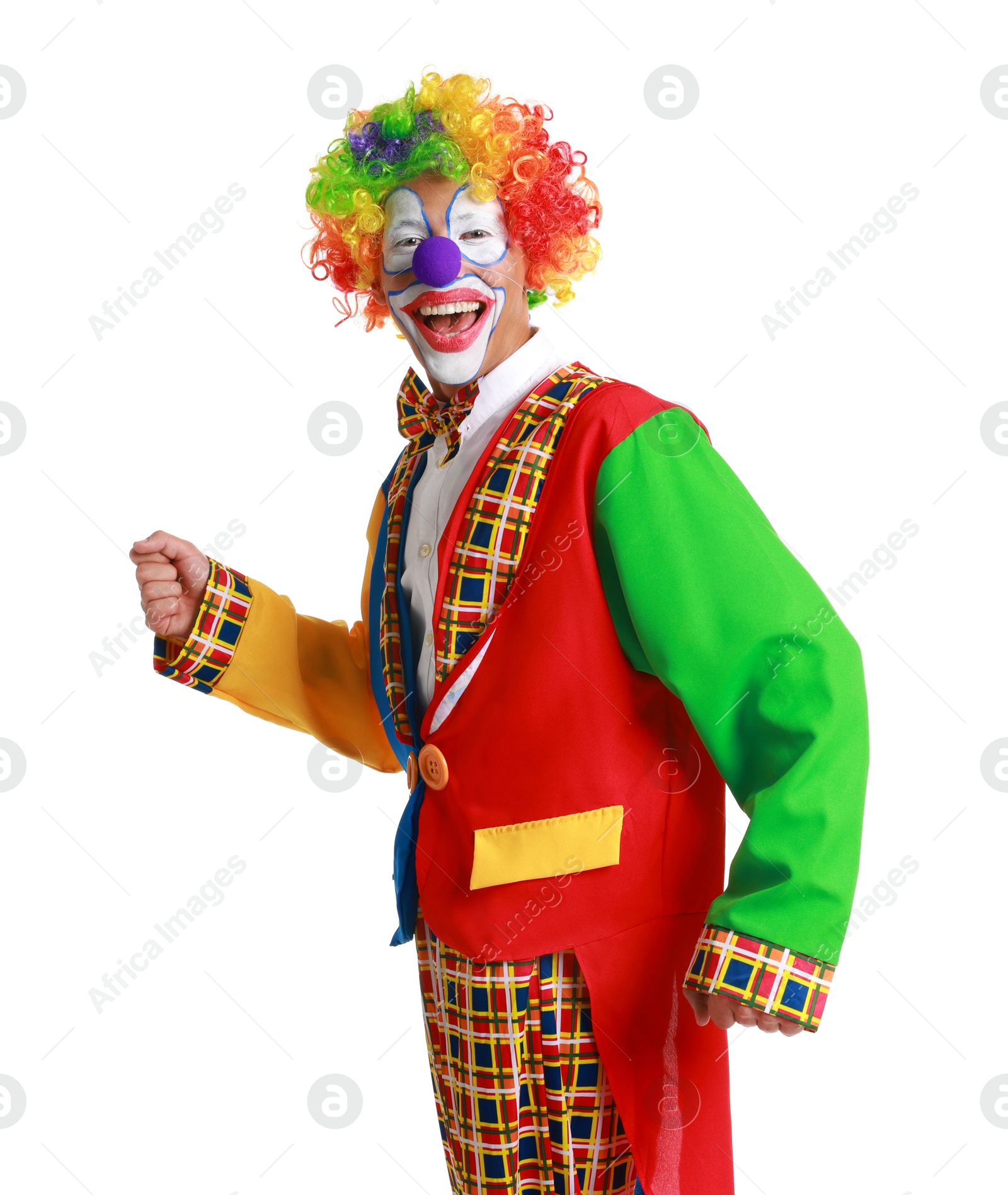 Photo of Portrait of happy clown on white background