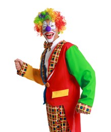 Photo of Portrait of happy clown on white background