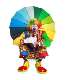 Emotional clown with colorful umbrella on white background