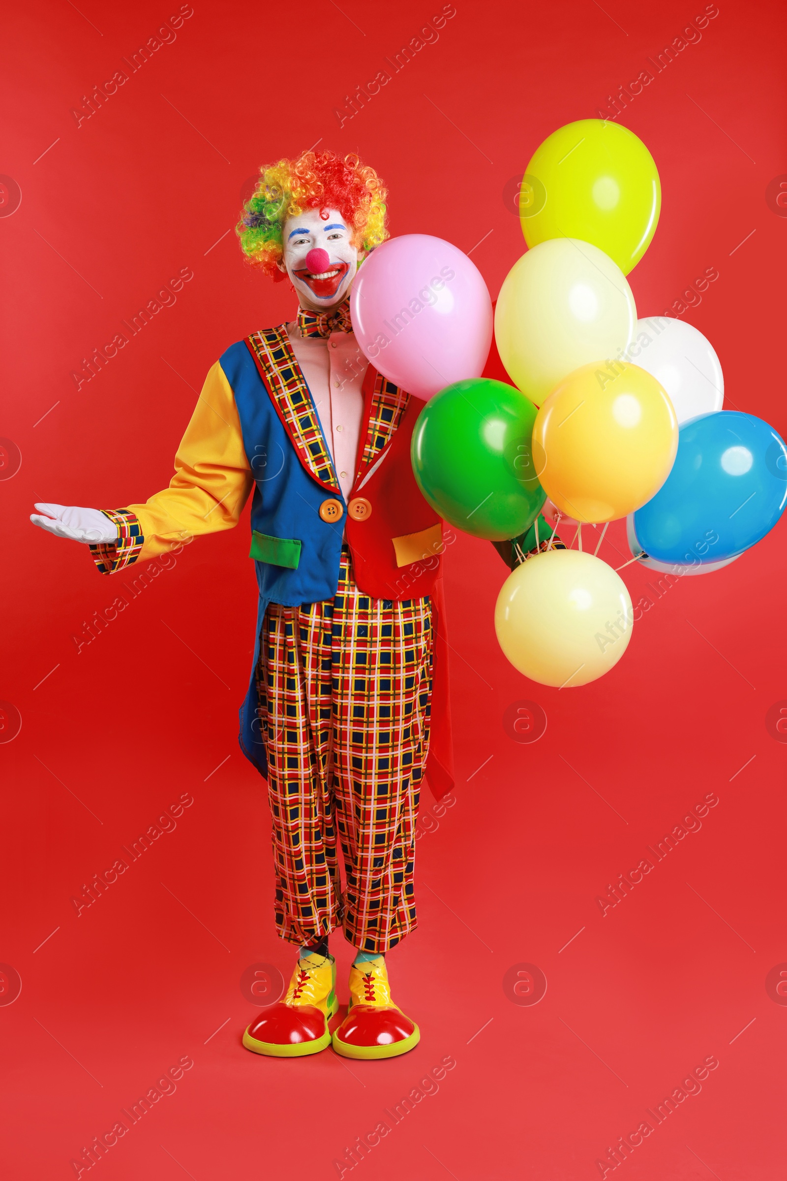 Photo of Happy clown with colorful balloons on red background