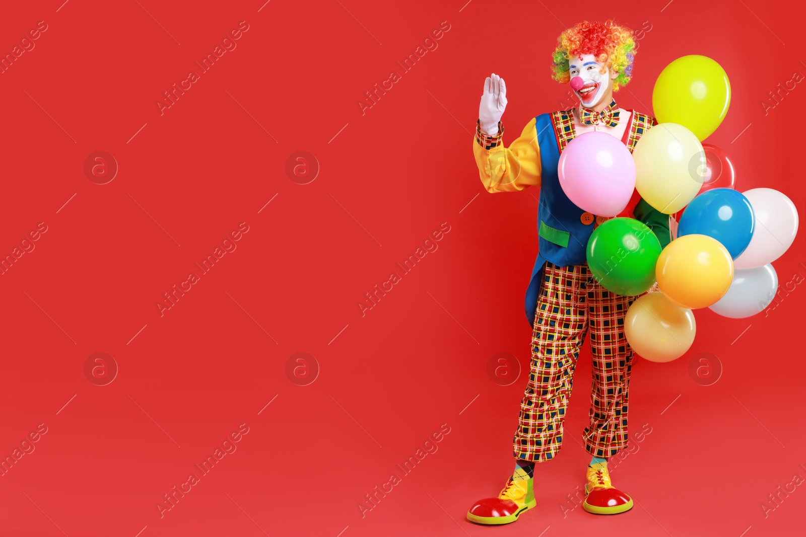 Photo of Happy clown with colorful balloons on red background, space for text