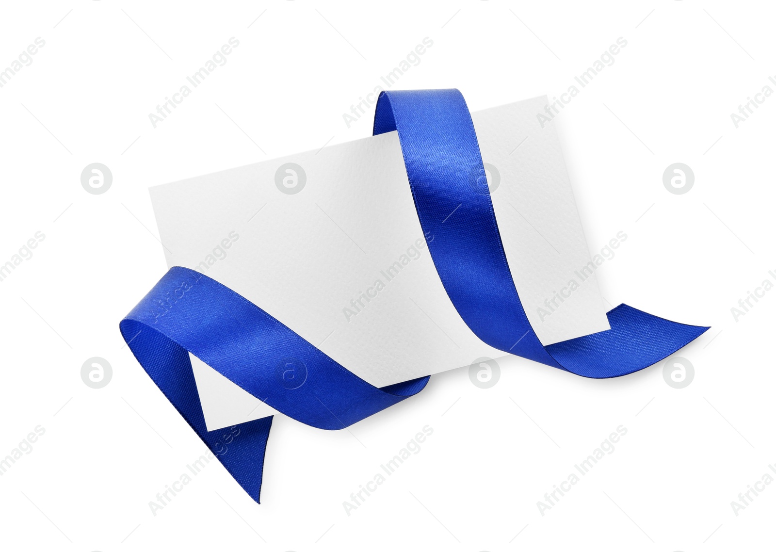 Photo of Blank card and blue ribbon isolated on white, top view