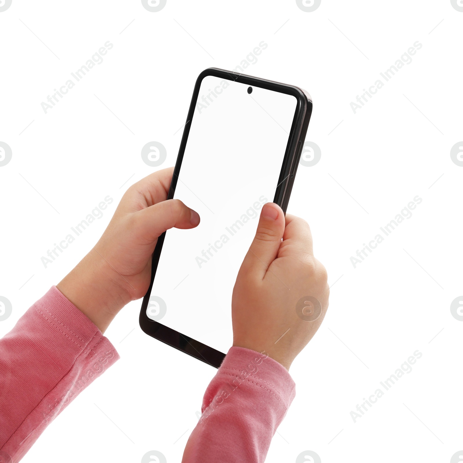 Photo of Little girl with smartphone on white background, closeup