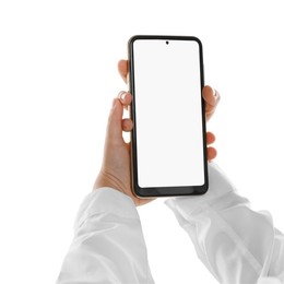 Photo of Little boy with smartphone on white background, closeup