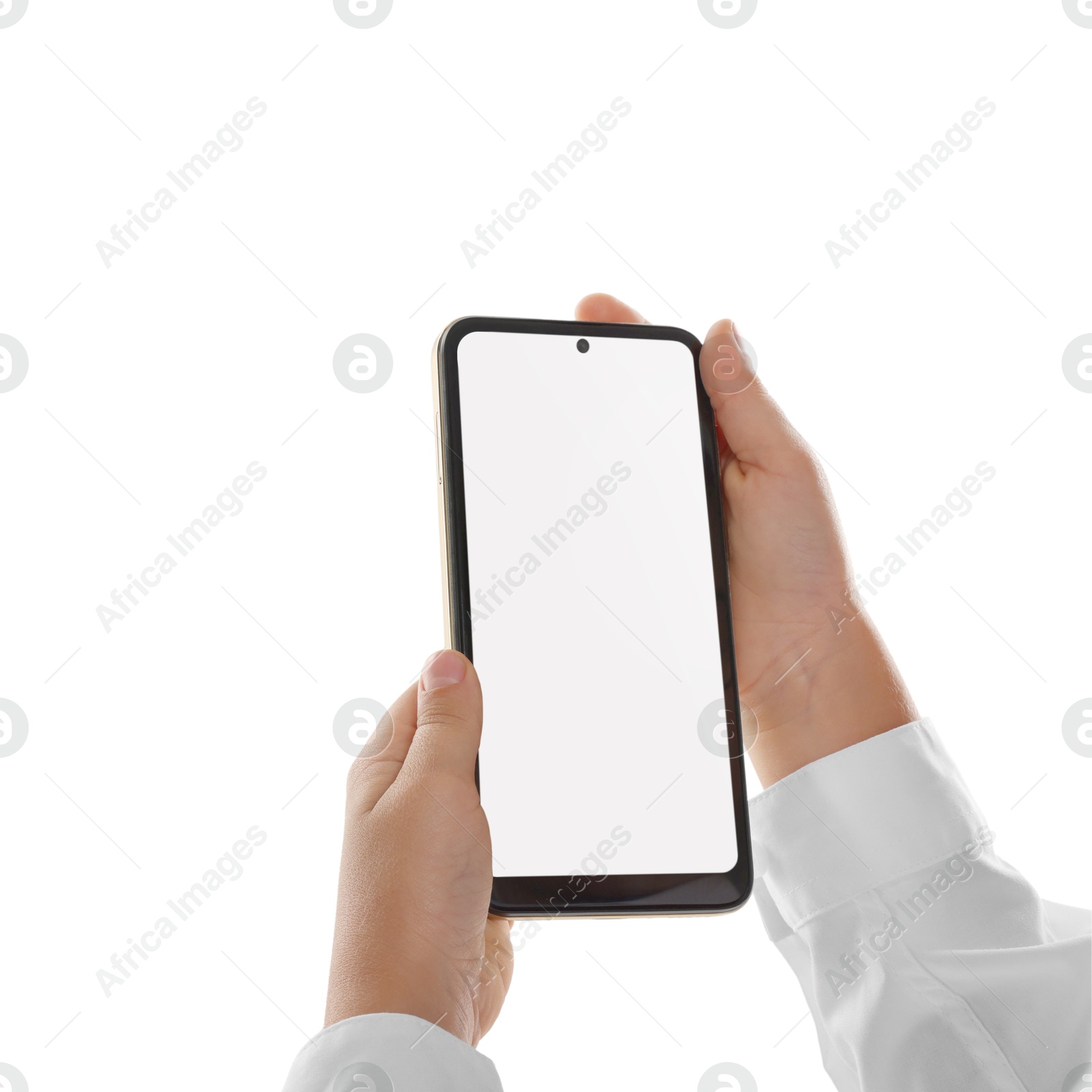 Photo of Little boy with smartphone on white background, closeup