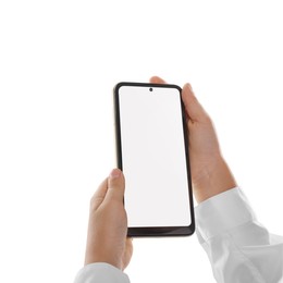 Photo of Little boy with smartphone on white background, closeup