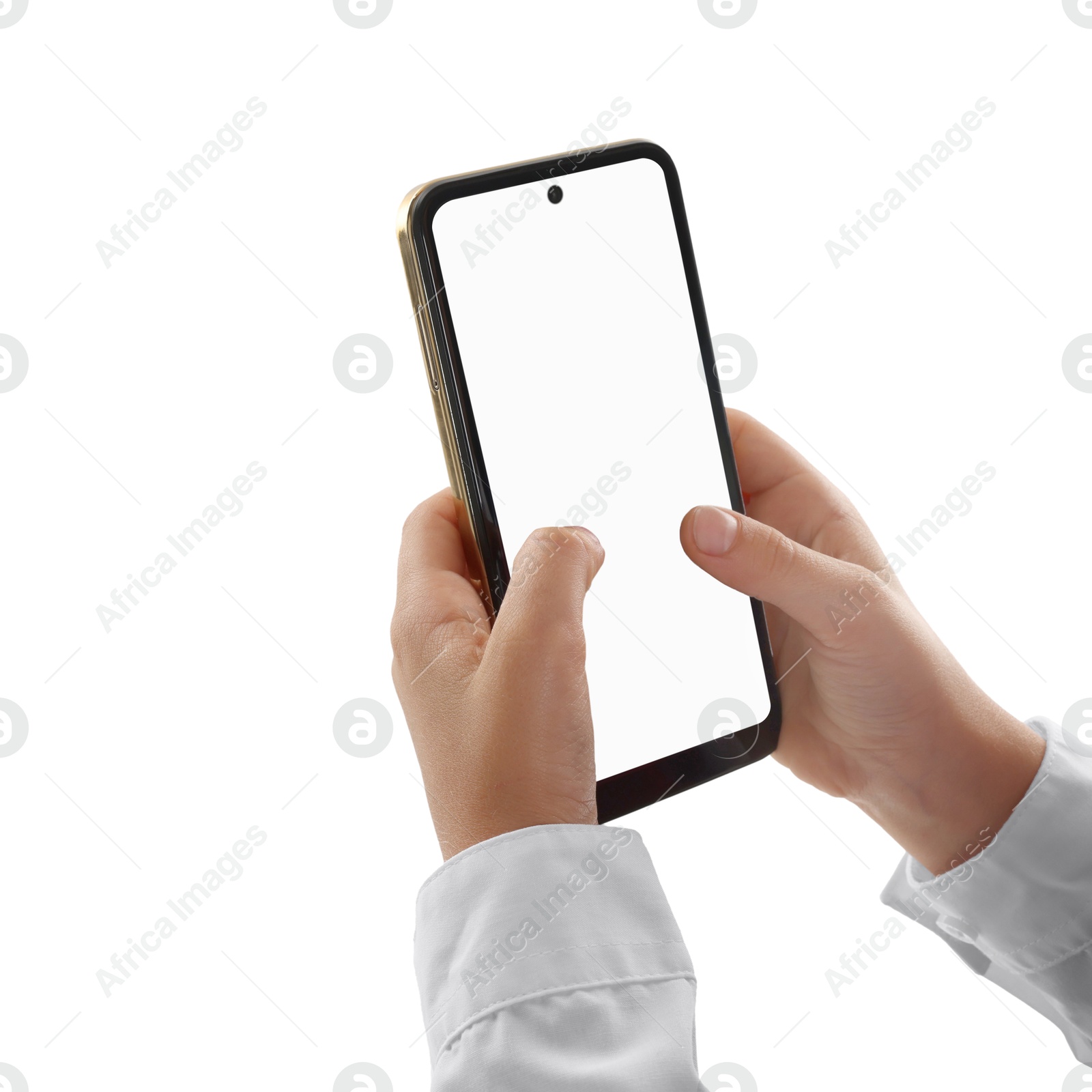 Photo of Little boy with smartphone on white background, closeup