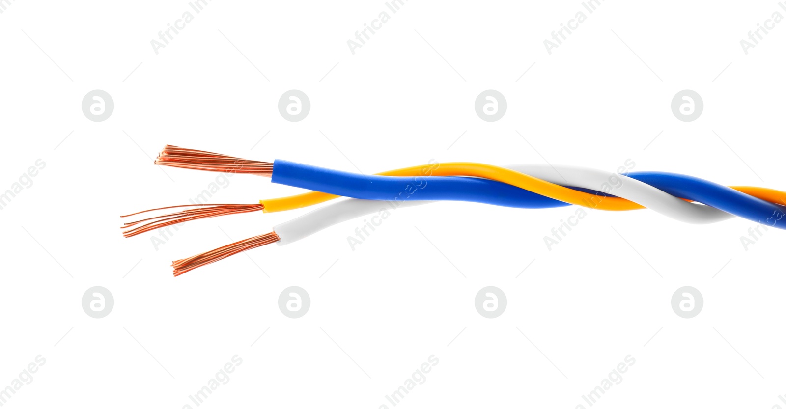 Photo of Three twisted electrical wires on white background