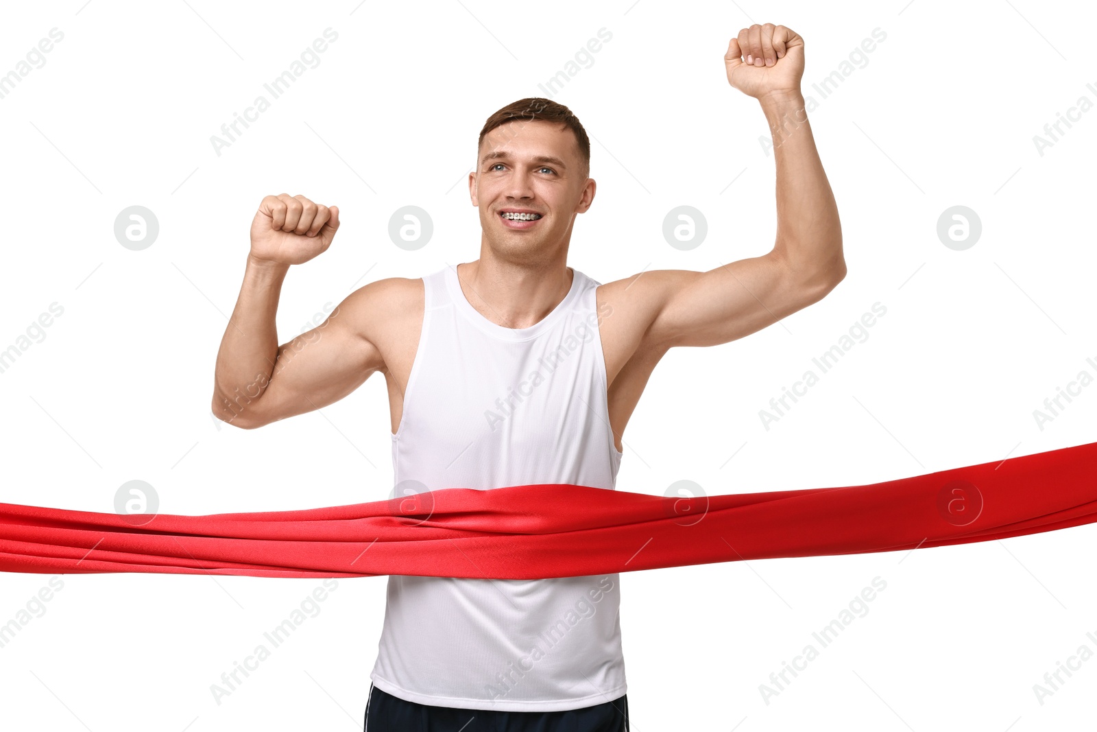 Photo of Man crossing red finish line on white background