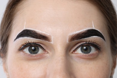 Photo of Young woman during henna eyebrows dyeing procedure on light background, closeup