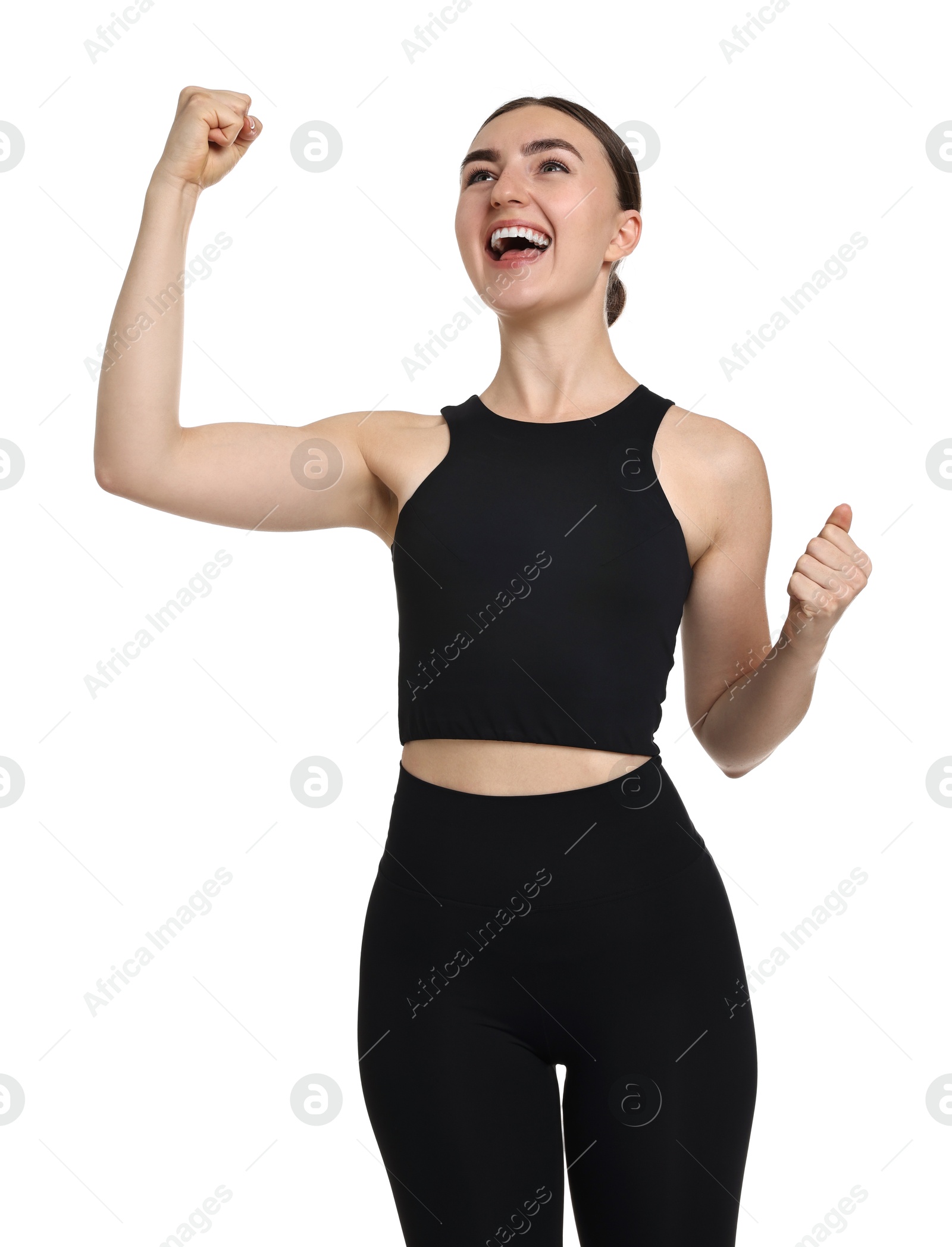 Photo of Beautiful woman in sportswear running on white background