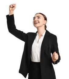 Young businesswoman in suit running on white background