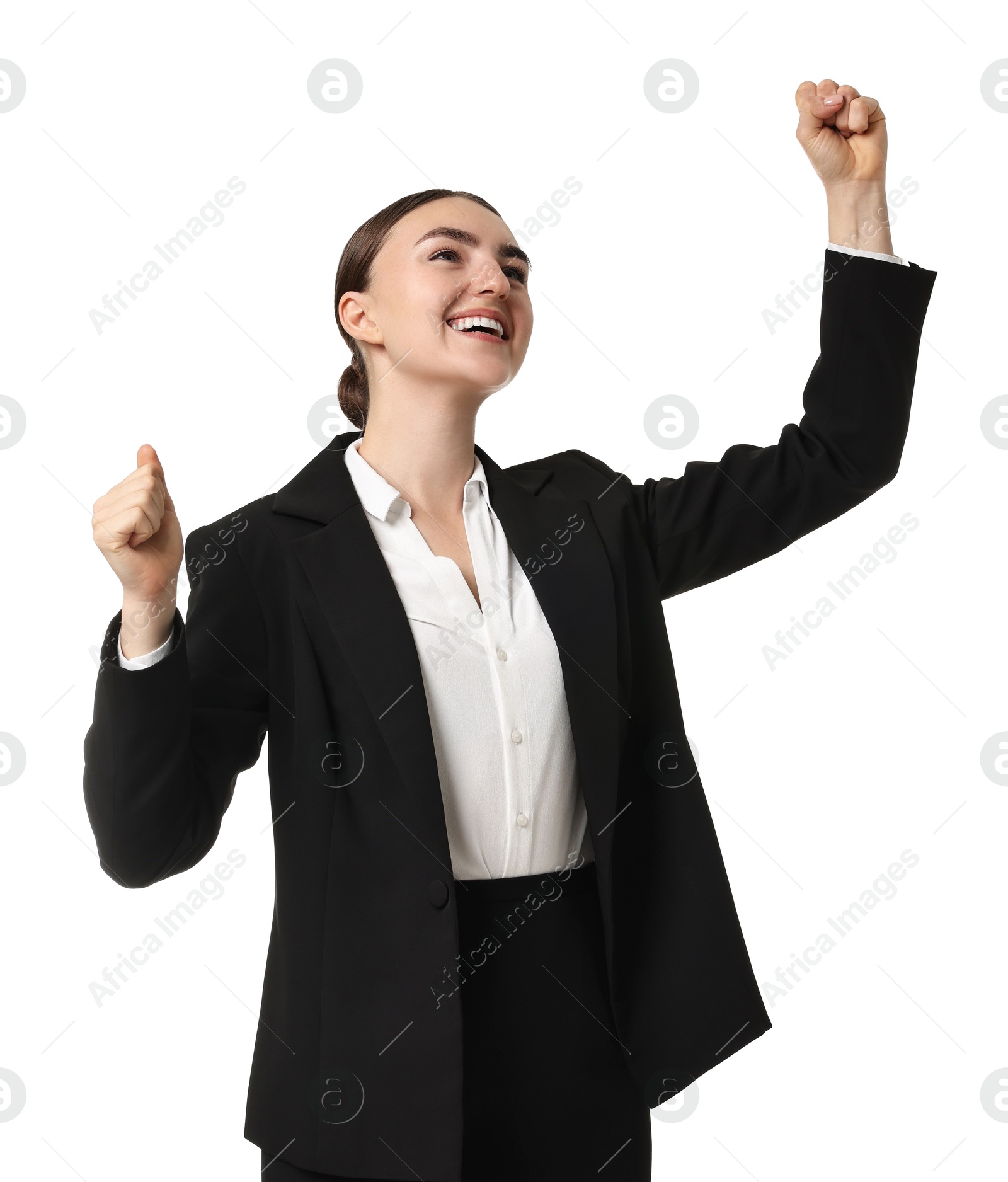 Photo of Young businesswoman in suit running on white background