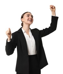 Young businesswoman in suit running on white background