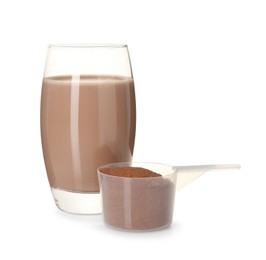 Photo of Delicious protein shake in glass and scoop with powder isolated on white