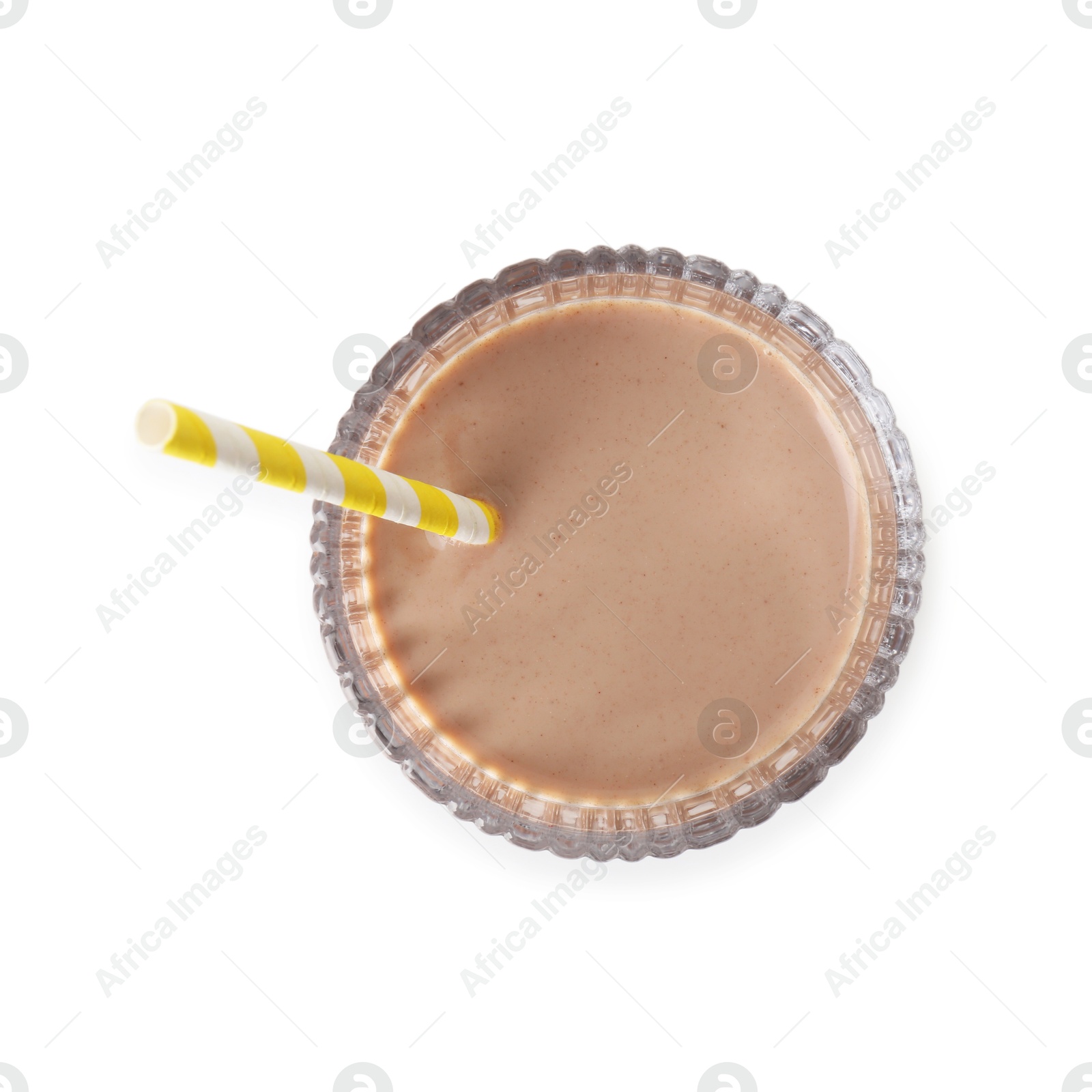 Photo of Delicious protein shake in glass isolated on white, top view