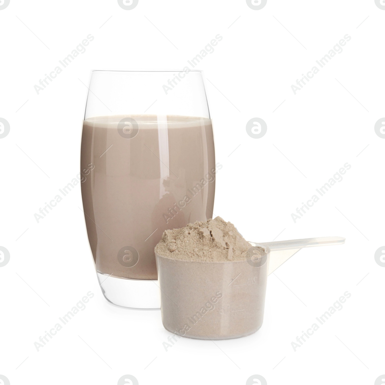 Photo of Delicious protein shake in glass and scoop with powder isolated on white