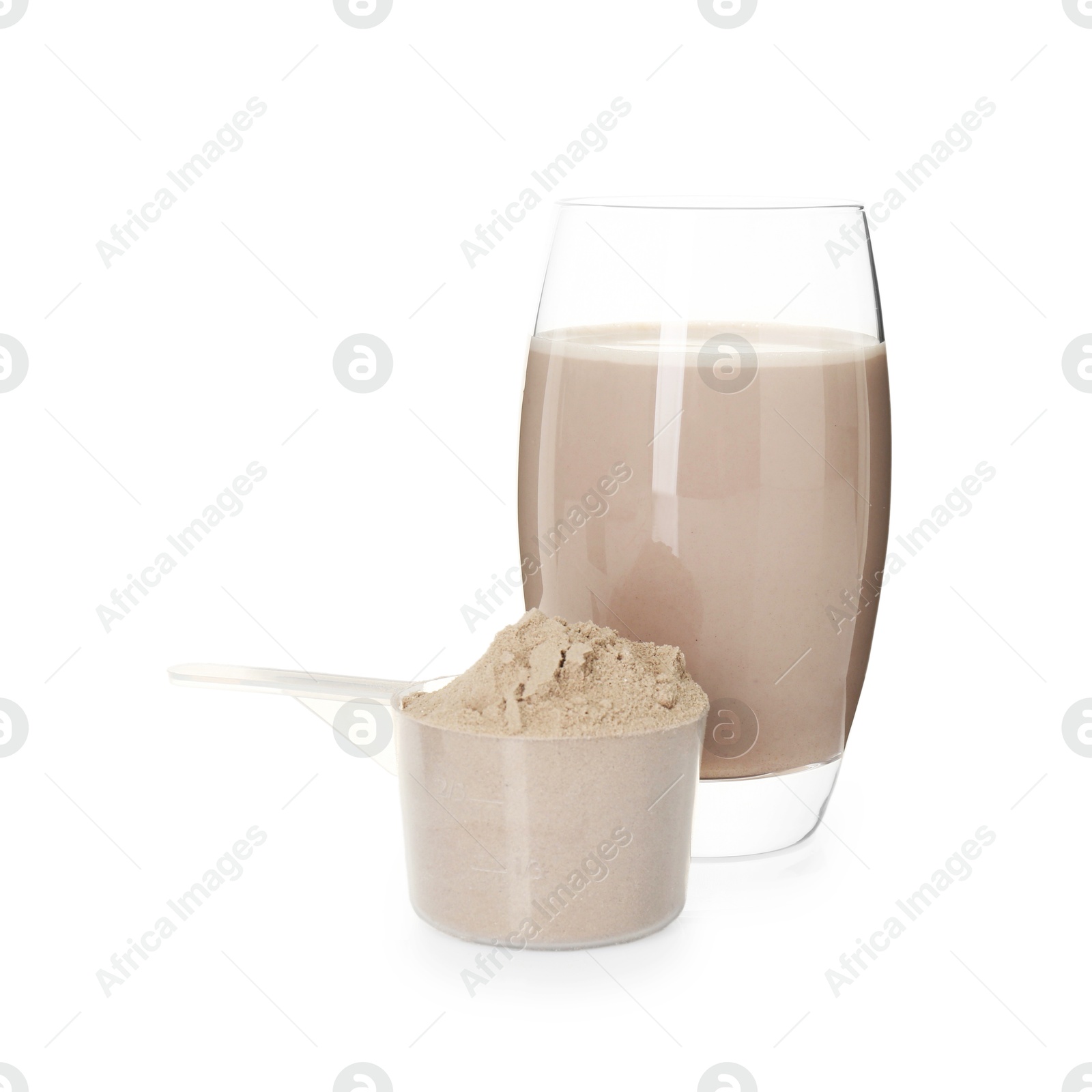 Photo of Delicious protein shake in glass and scoop with powder isolated on white