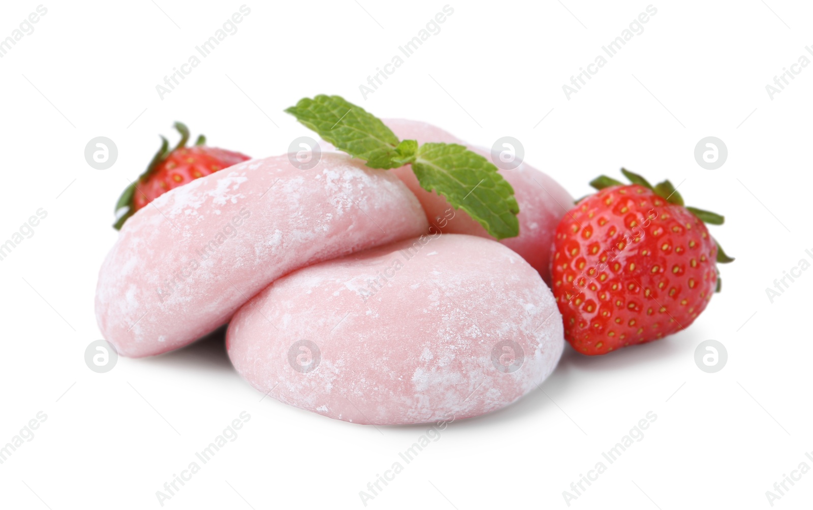 Photo of Delicious mochi, strawberries and mint isolated on white