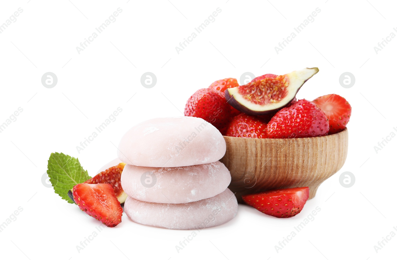 Photo of Delicious mochi, strawberries and figs isolated on white