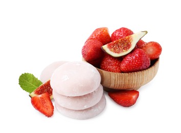 Photo of Delicious mochi, strawberries and figs isolated on white