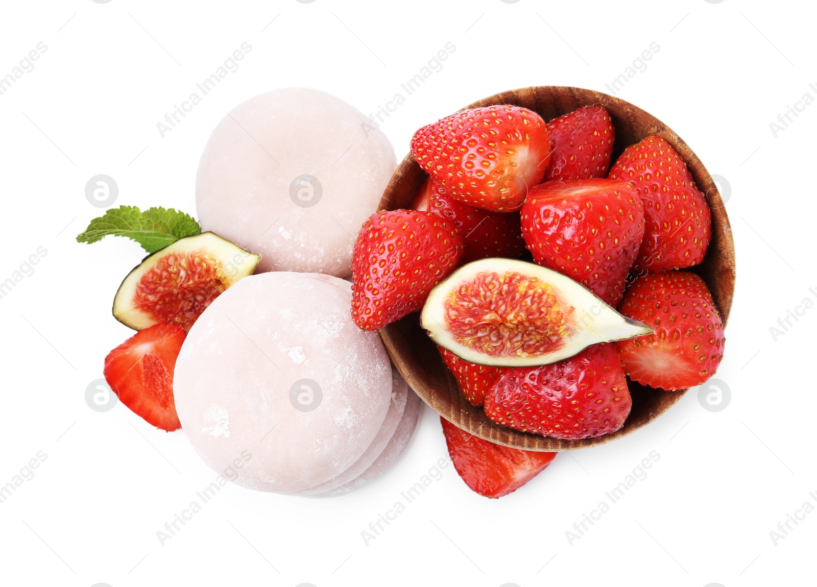 Photo of Delicious mochi, strawberries and figs isolated on white, top view