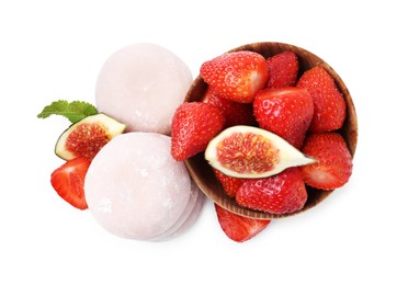 Delicious mochi, strawberries and figs isolated on white, top view