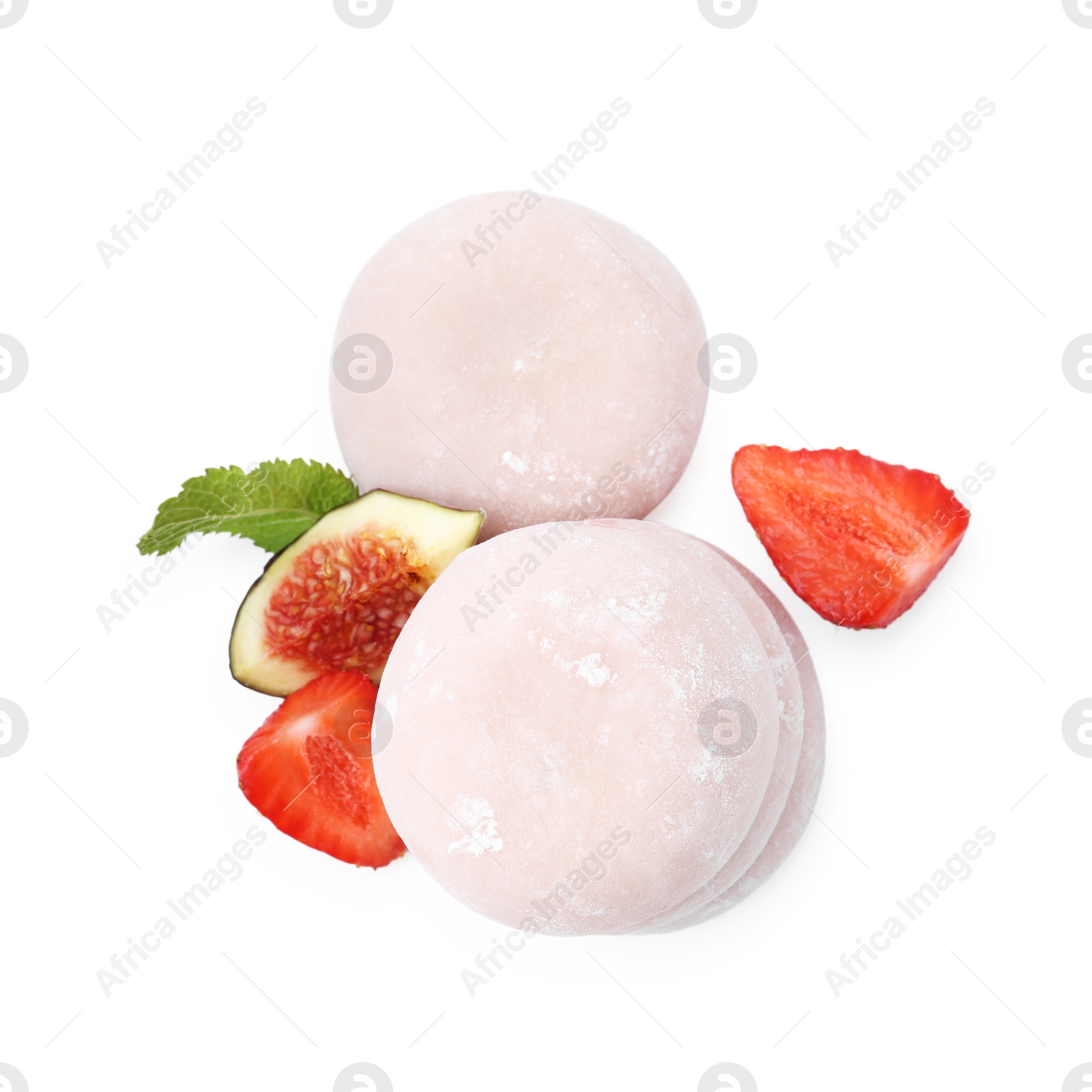 Photo of Delicious mochi, strawberries and fig isolated on white, top view