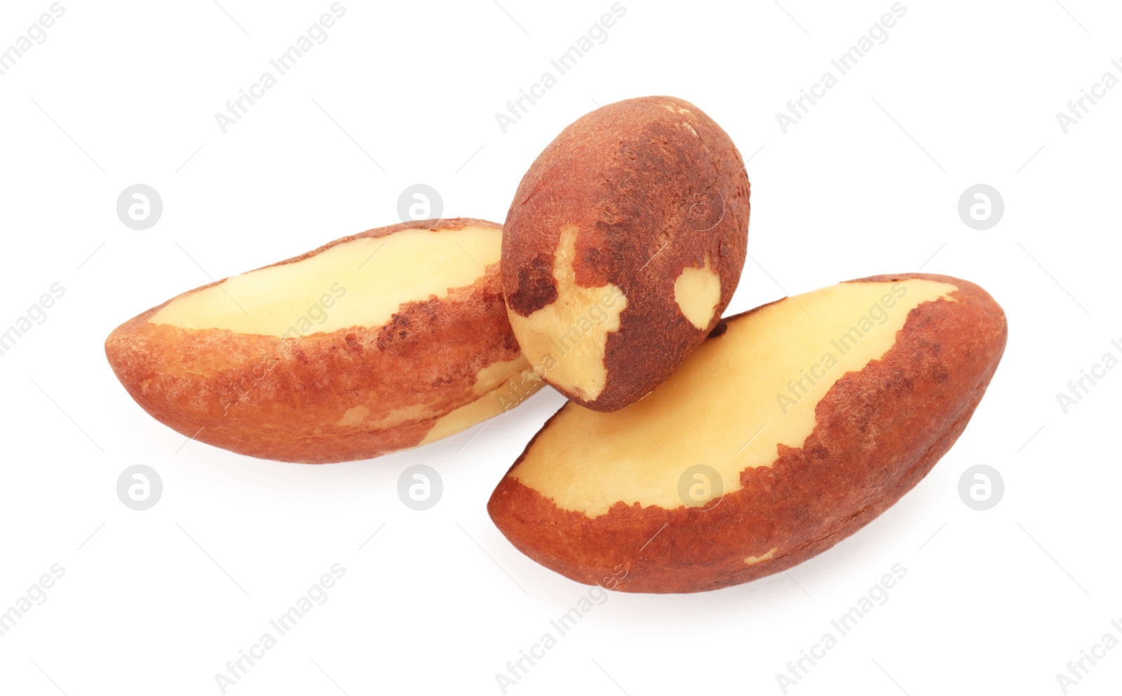 Photo of Tasty Brazil nuts isolated on white, top view