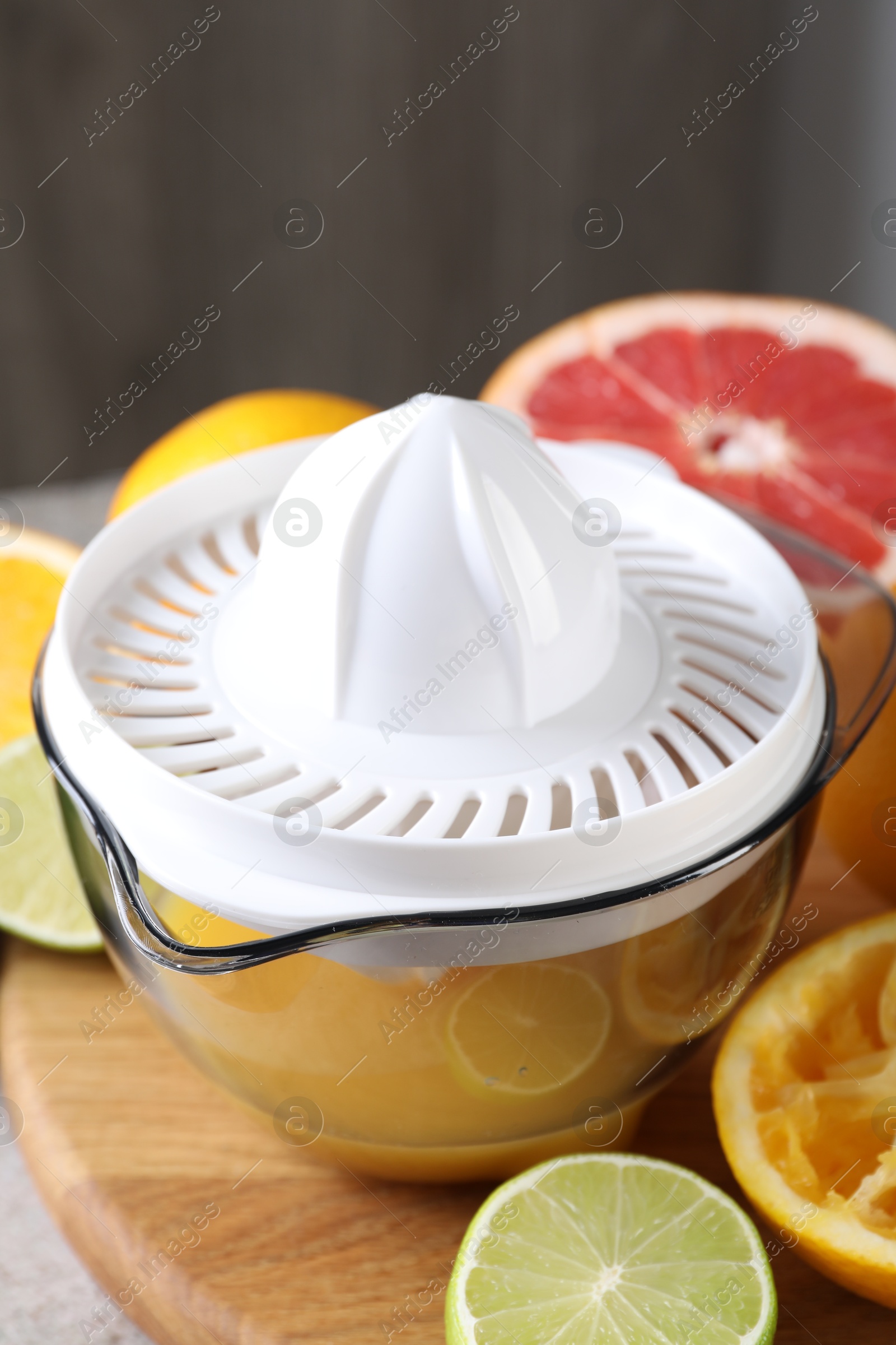 Photo of Plastic juicer and different citrus fruits on table, closeup