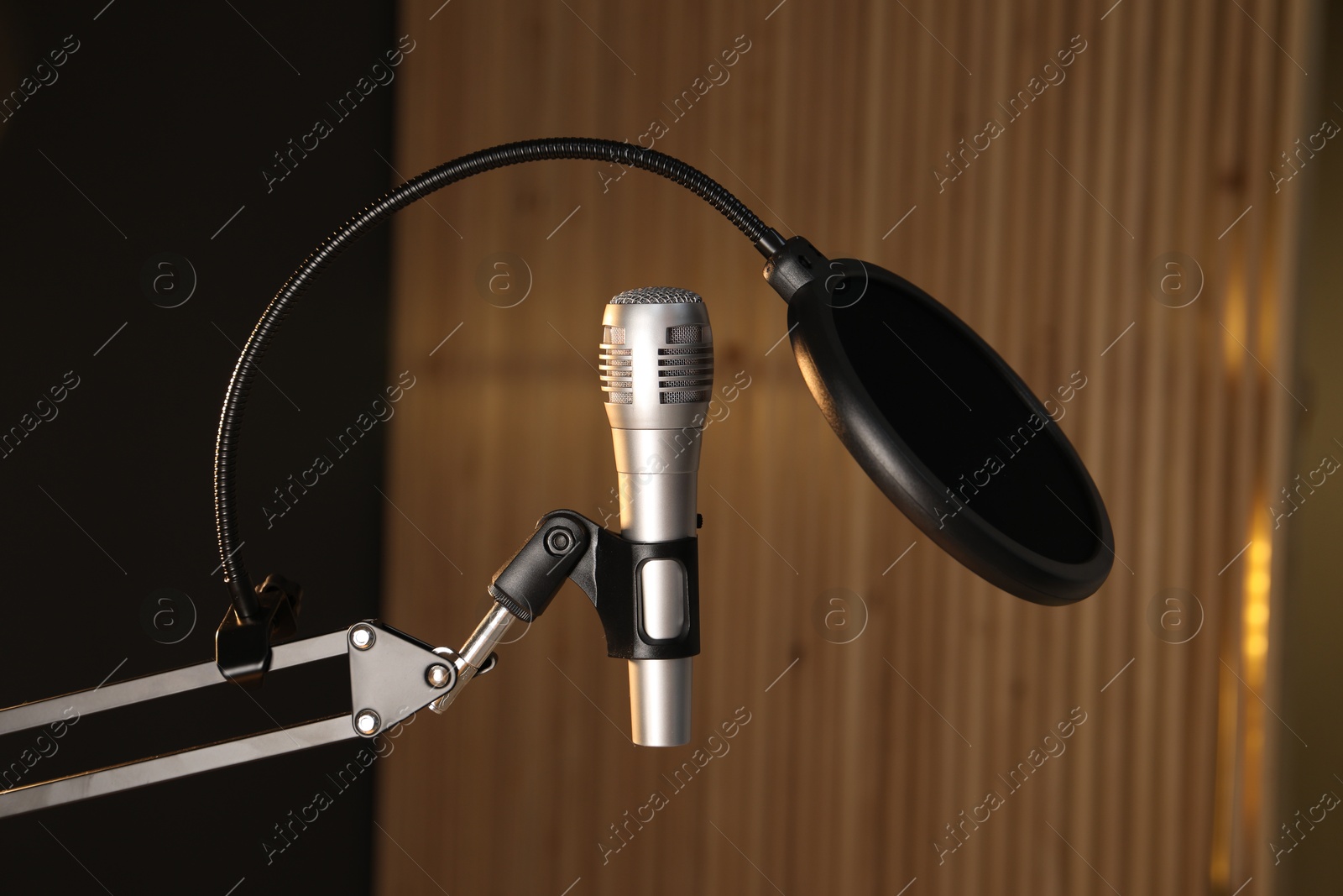 Photo of Stand with microphone and pop filter on blurred background. Sound recording and reinforcement