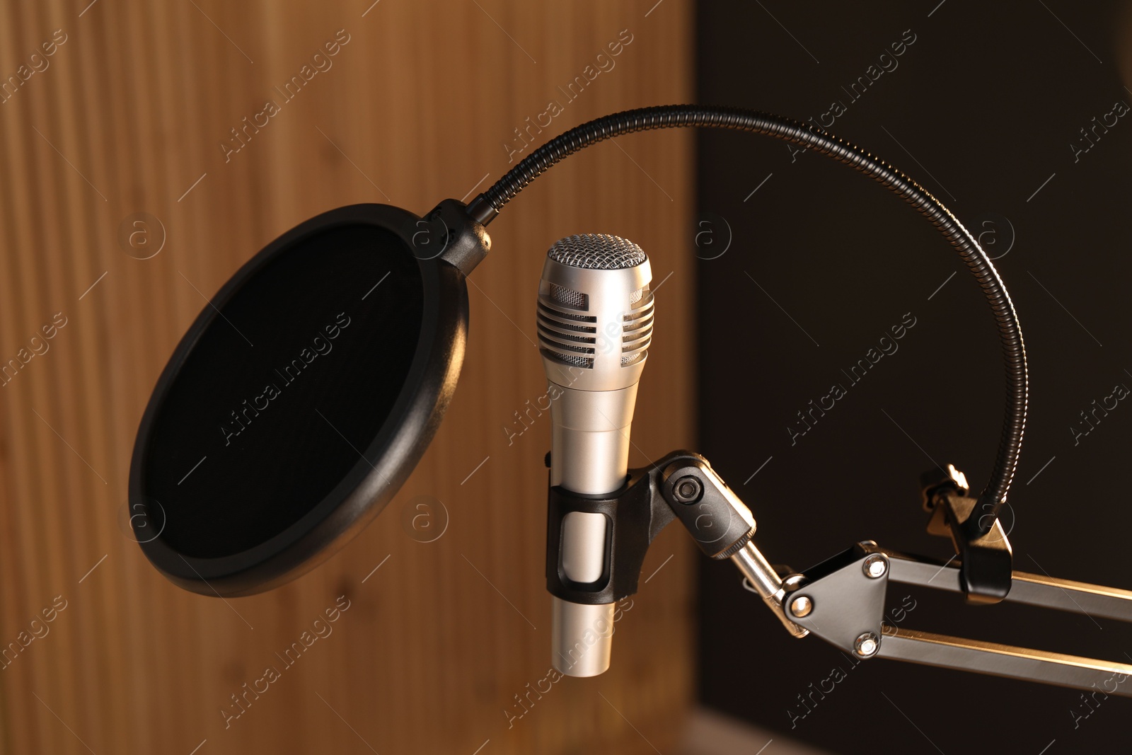 Photo of Stand with microphone and pop filter on blurred background. Sound recording and reinforcement