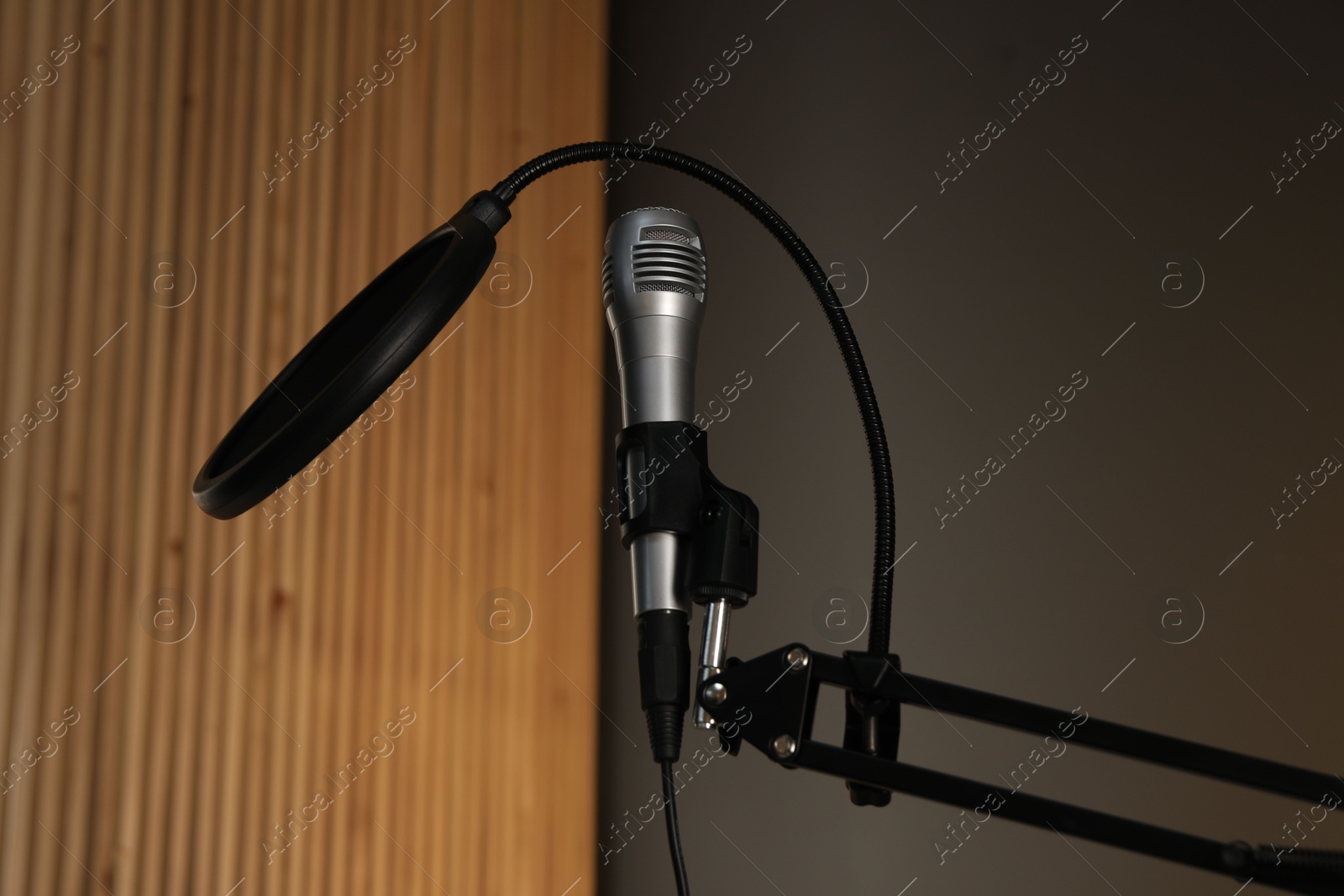 Photo of Stand with microphone and pop filter indoors. Sound recording and reinforcement