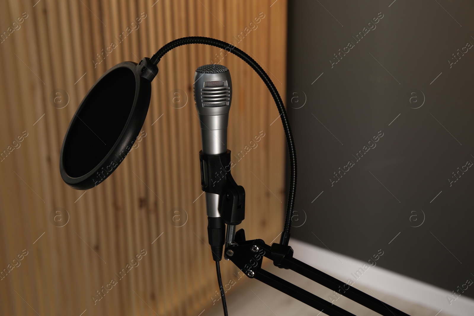 Photo of Stand with microphone and pop filter indoors. Sound recording and reinforcement