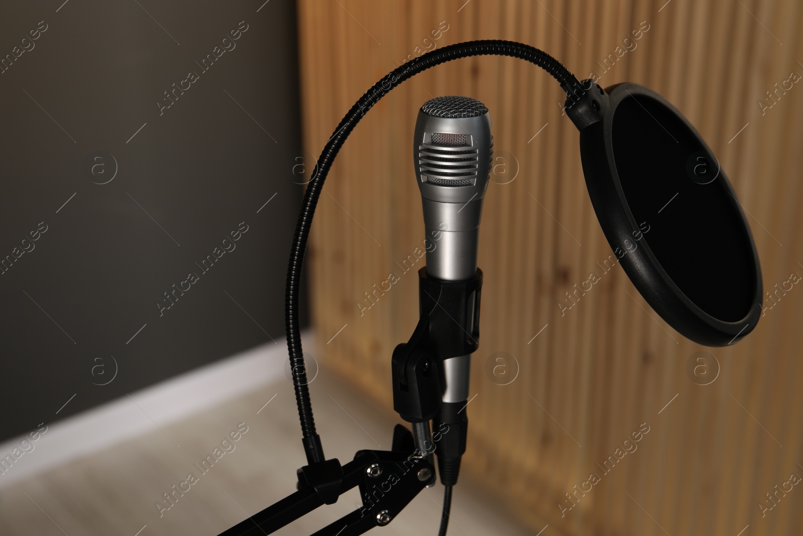 Photo of Stand with microphone and pop filter indoors. Sound recording and reinforcement