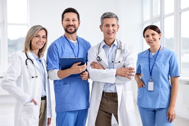 Portrait of smiling healthcare workers in hospital