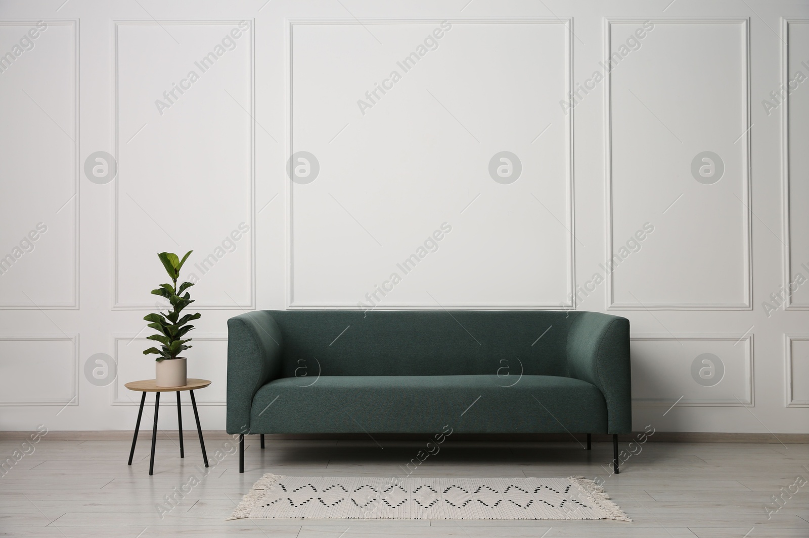 Photo of Stylish sofa and side table with houseplant near white wall indoors