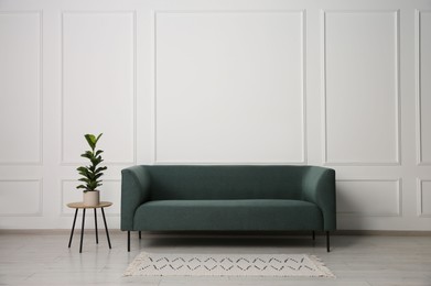 Stylish sofa and side table with houseplant near white wall indoors