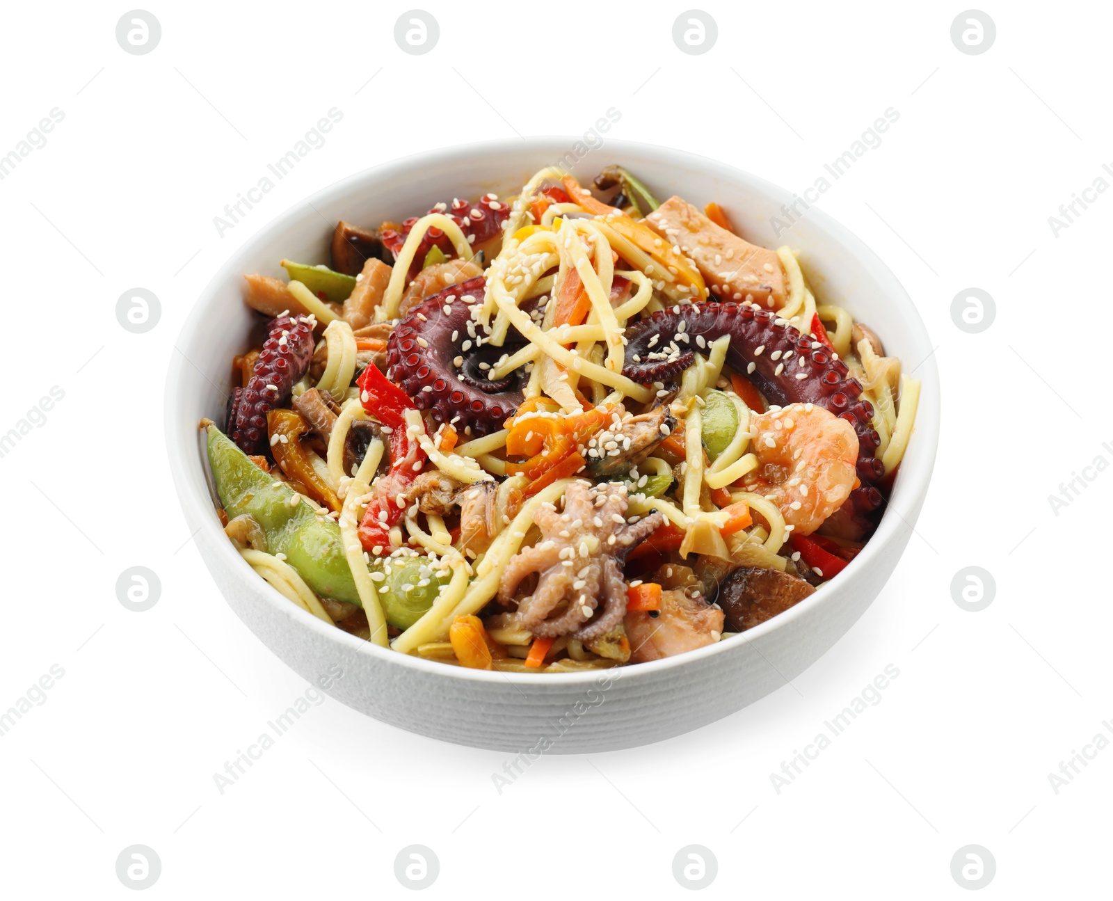 Photo of Stir-fry noodles with sea food in bowl isolated on white