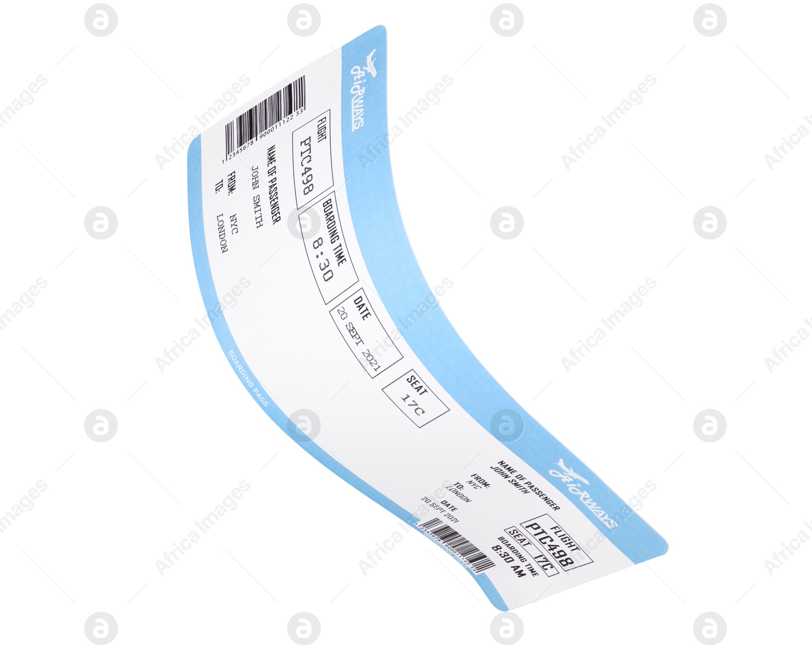 Photo of One airplane ticket isolated on white. Traveling abroad