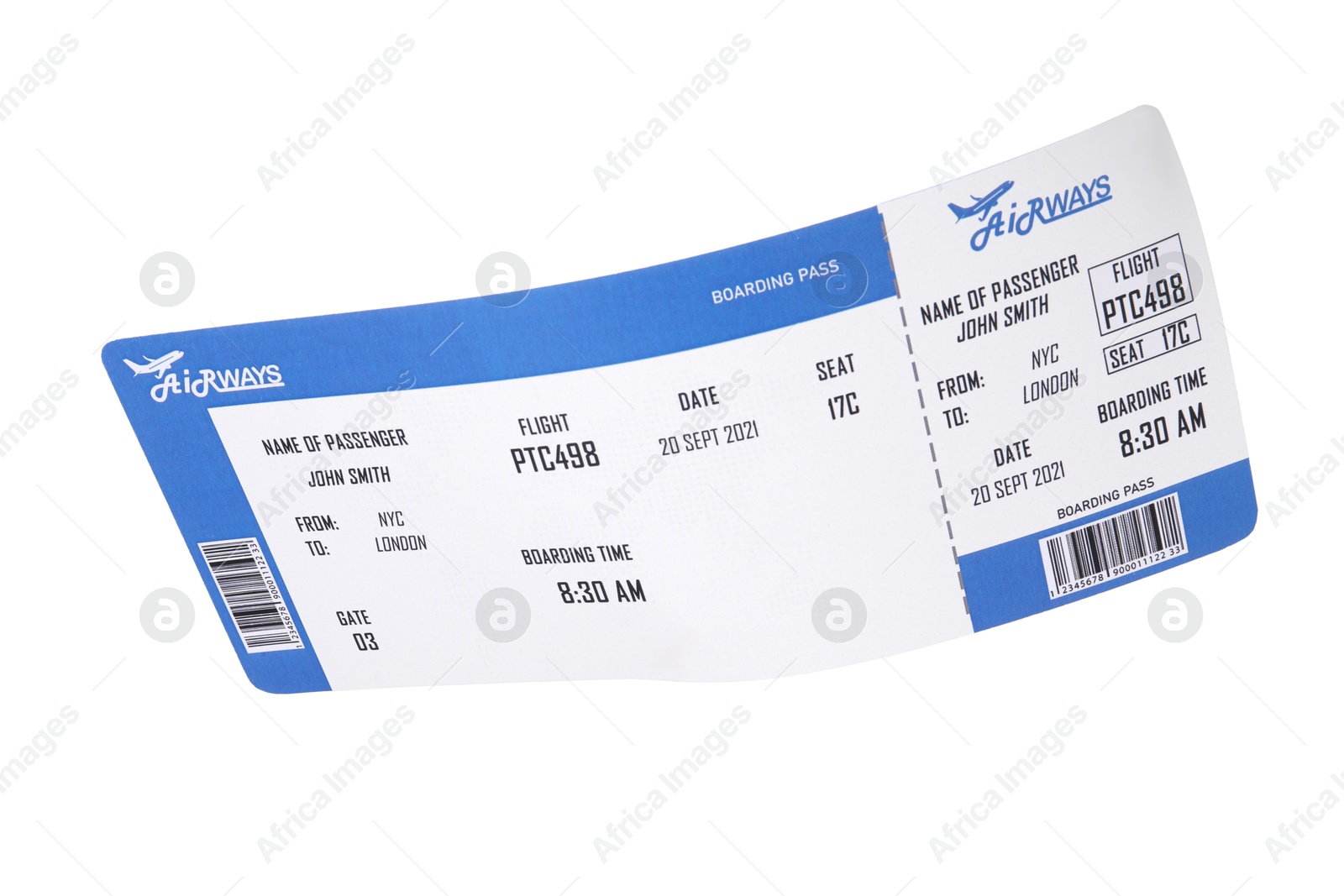 Photo of One airplane ticket isolated on white. Traveling abroad