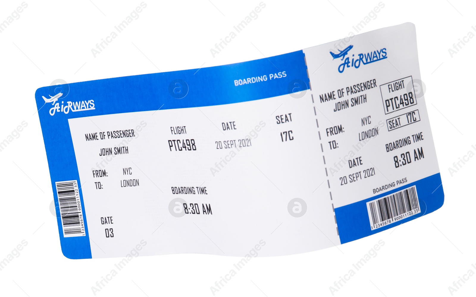 Photo of One airplane ticket isolated on white. Traveling abroad