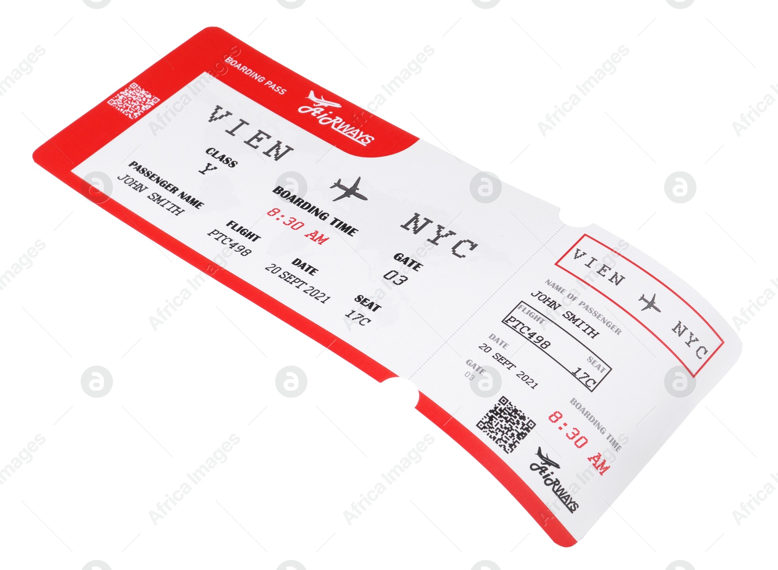 Photo of One airplane ticket isolated on white. Traveling abroad