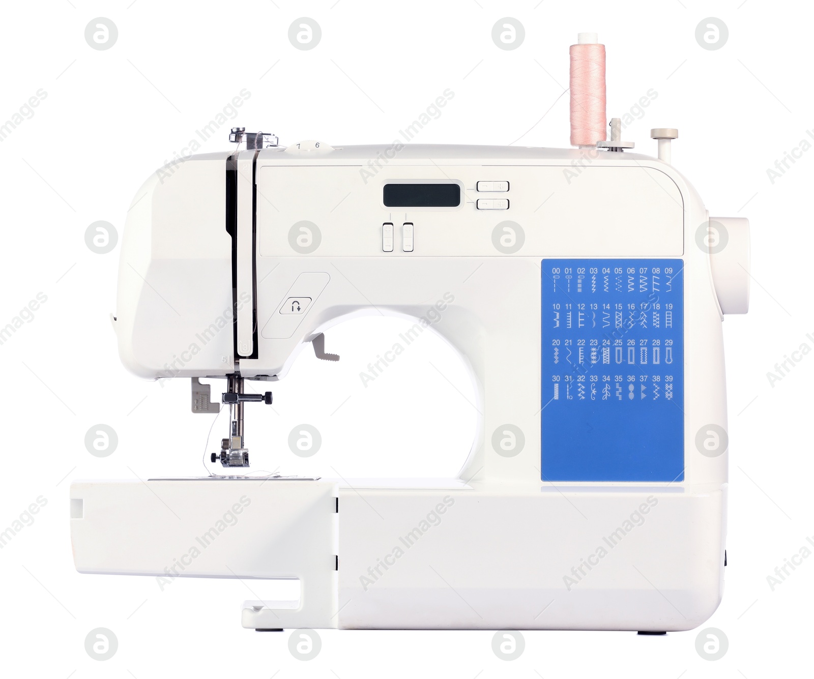 Photo of One modern sewing machine isolated on white