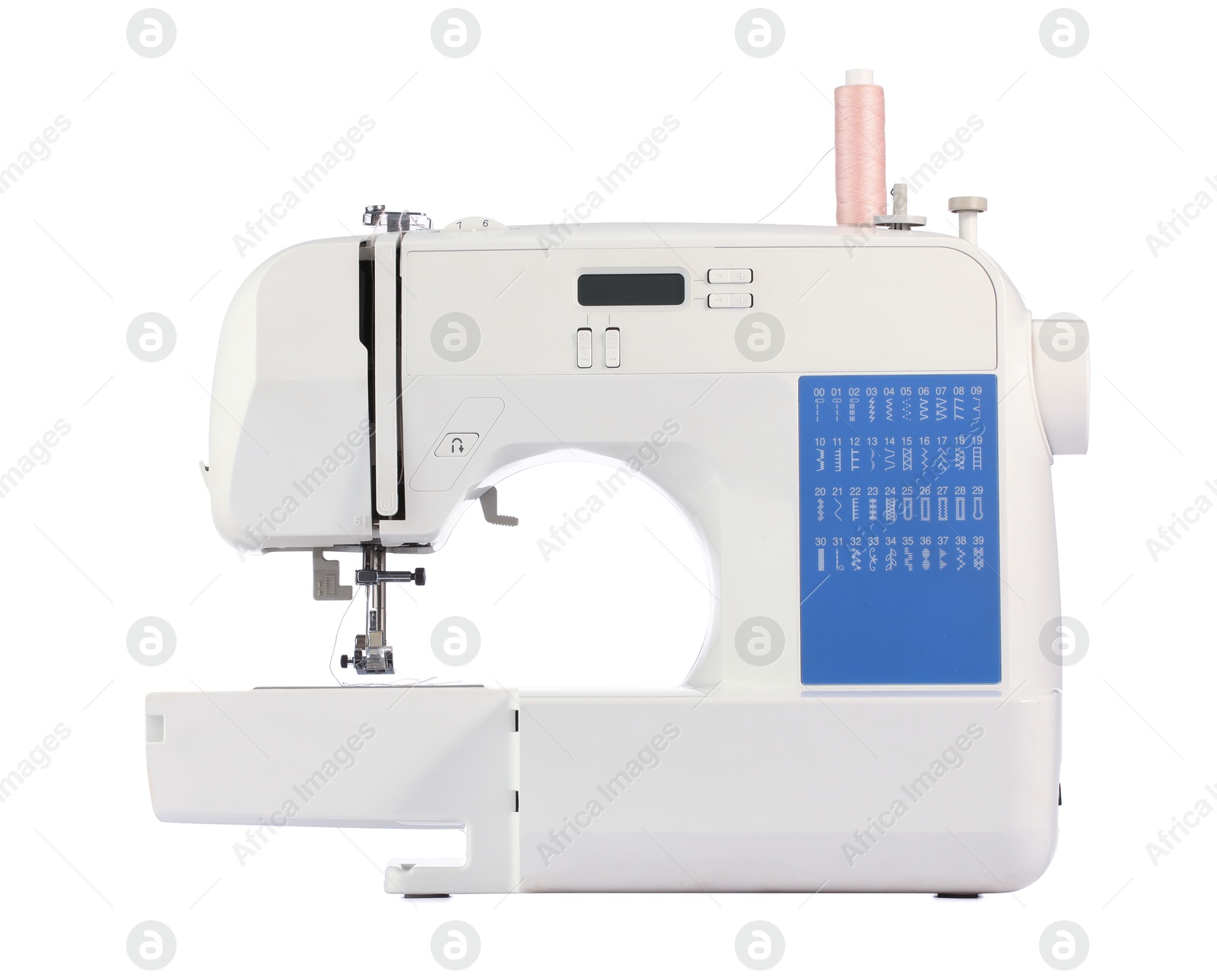 Photo of One modern sewing machine isolated on white