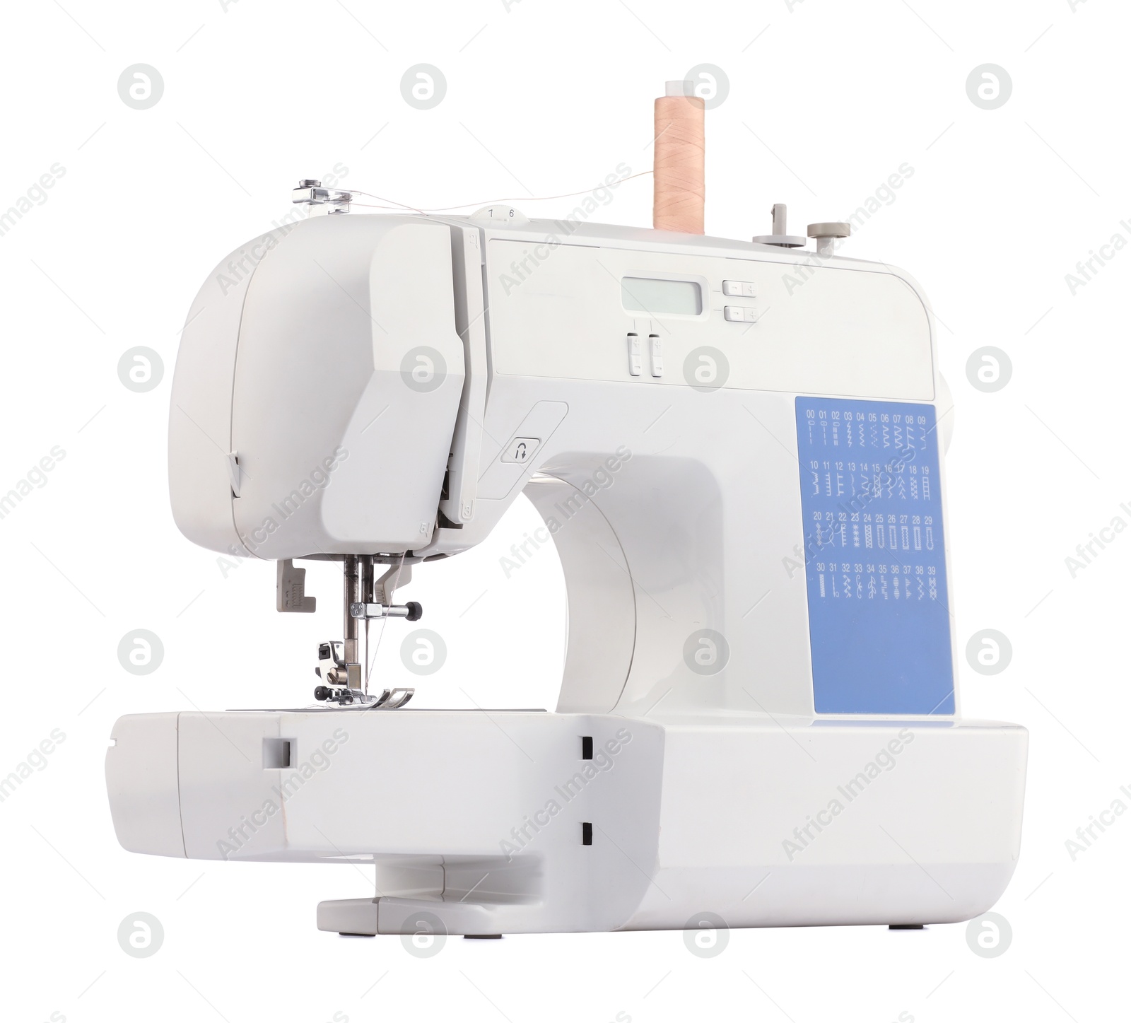 Photo of One modern sewing machine isolated on white