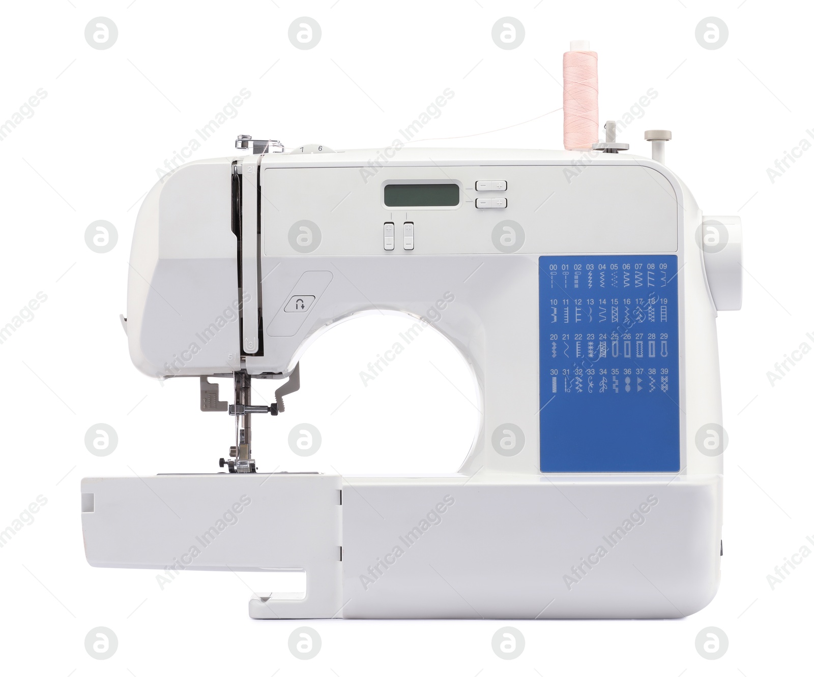 Photo of One modern sewing machine isolated on white