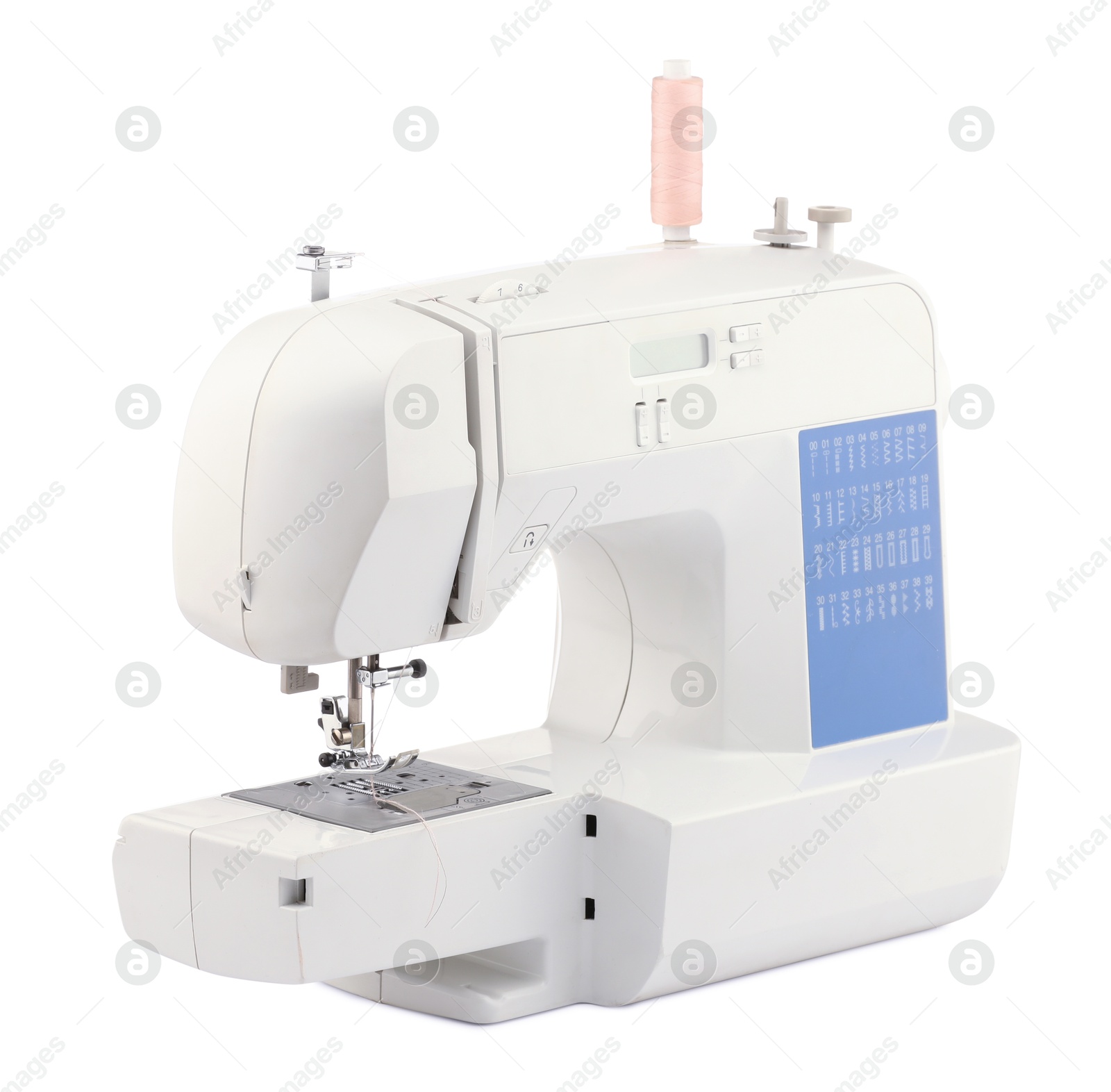 Photo of One modern sewing machine isolated on white