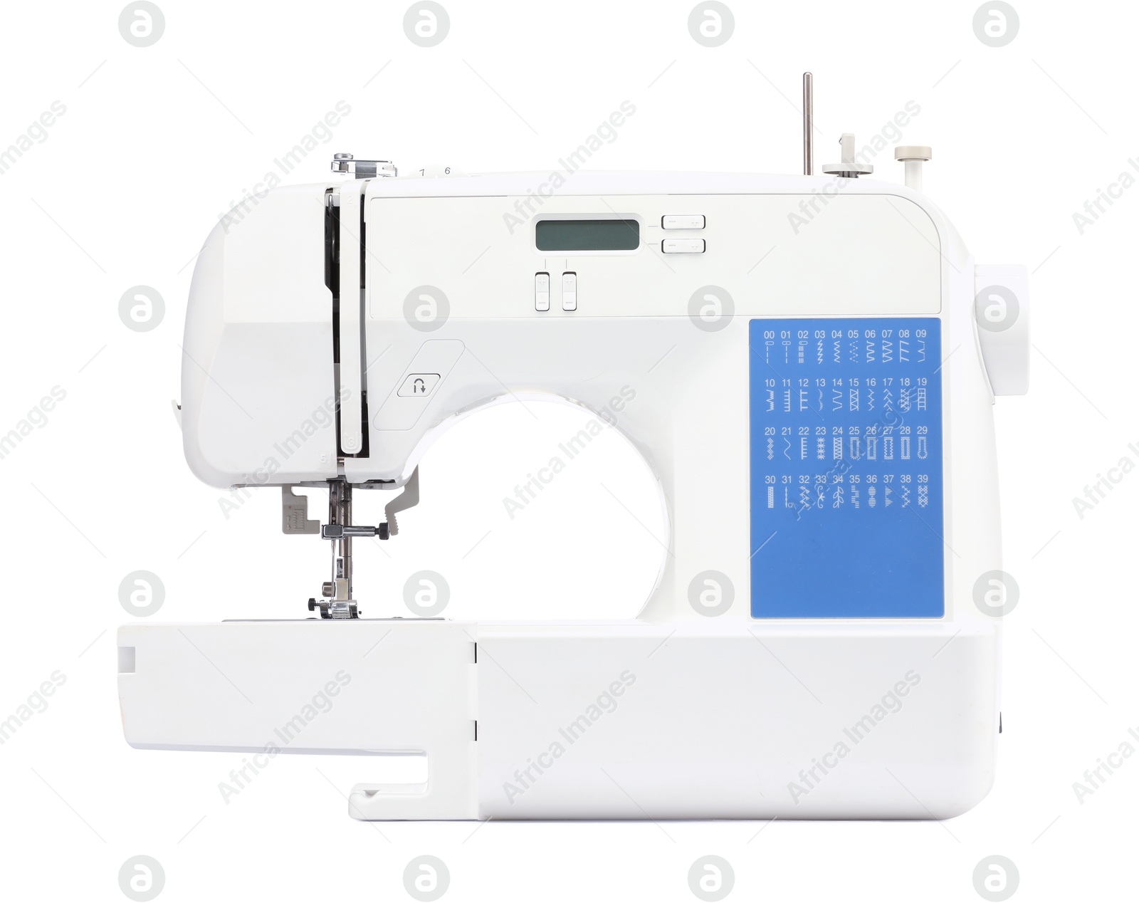 Photo of One modern sewing machine isolated on white